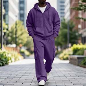 Conjunto deportivo de 2 piezas para hombre con logotipo personalizado, sudadera con capucha y cremallera y pantalones deportivos cargo de pierna ancha, estilo holgado, 100% algodón, 380 GSM - Product Image 5