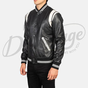 Blouson bomber en cuir véritable noir pour homme avec contraste blanc sur les épaules et poignets côtelés rayés, style classique, vêtement d'extérieur - Product Image 5