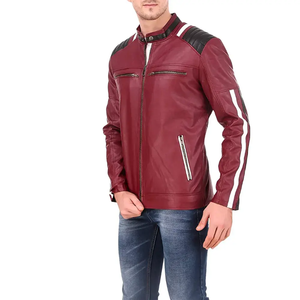Custom Burgundy Leather Biker <b>Jacket</b> Men Motorcycle <b>Racing</b> <b>Jacket</b> with Stripes Men <b>Vintage</b> Leather <b>Racing</b> <b>Jacket</b> Custom Design - Product Image 3