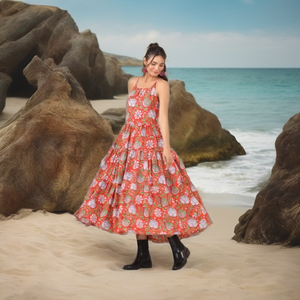 เดรสผ้าฝ้ายอินเดียทำด้วยมือสำหรับผู้หญิงชุดเดรส100% แขนกุดคอตตอนแท้ทรงบานใส่หน้าร้อนชุดฮันนีมูน & ท่องเที่ยวลดราคา! - Product Image 1