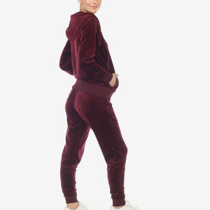 Custom <b>Women</b> <b>Velour</b> Tracksuit <b>Set</b> Hooded Full Zip Burgundy Velvet Jogger Pants 2 Piece <b>Lounge</b> Sweatsuit Wholesale - Product Image 3
