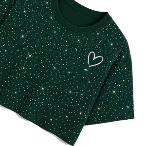 Women's Green Rhinestone <b>Crop</b> <b>Top</b> Short Sleeve Crew Neck <b>Sequined</b> Dot Pattern Casual Loose Fit Spring Summer women's shirt - Product Image 4