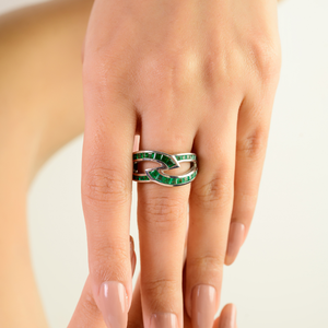 Luxury S925 Sterling <b>Silver</b> Princess Cut <b>Emerald</b> <b>Ring</b> for Women Interlocking Criss Cross Band Channel Set May Birthstone Gift - Product Image 4