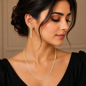 Collier en diamants avec stations florales en or jaune et boucles d'oreilles pendantes assorties, ensemble de bijoux de luxe élégant pour mariée, pour femmes - Product Image 1