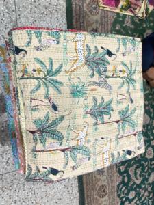 Hand <b>Quilted</b> Kantha Stitch Bedcover Reversible Cotton <b>Bedding</b> with Vintage Floral Print for Home Hotel and Resort Collection - Product Image 1