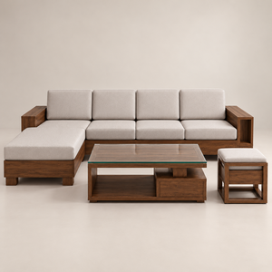 Modern L Shaped Wooden Sofa Set with Gray <b>Cushions</b> Storage Coffee Table Ottoman for Living Room Furniture - Product Image 6