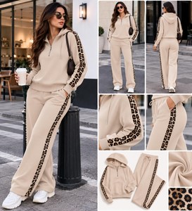 Conjunto de chándal 2 en 1 para mujer, beige con estampado de leopardo y adornos de pedrería, sudadera con capucha de manga larga y media cremallera, pantalones holgados con cordón, informal, para otoño. - Product Image 4