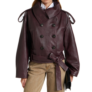 <b>Top</b> <b>Women's</b> <b>Burgundy</b> Genuine Leather Jacket Cropped Double Breasted Belted Waist Loose Fit Luxury Fashion OEM Private Label KCW - Product Image 4