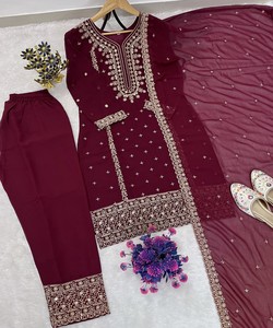 Low Price Premium Fancy Ethnic Wear Kurti Sharara Dupatta <b>Set</b> Dubai Style Party Wear Quick Dry Maroon 81038 AC-7084 7094 - Product Image 4
