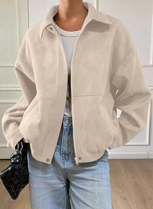 Chaqueta Bomber de Cuero PU para Mujer, Manga Larga, Cuello Camisero, Cierre de Cremallera, Estilo Otoñal, Color Sólido, Resistente al Viento - Product Image 2