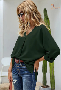 Women's Midi Korean Casual Natural Simple Long Sleeve V Neck Blouses for <b>Tunic</b> Office Latest Design - Product Image 2