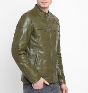 Genuine <b>Leather</b> <b>Jacket</b> <b>Men</b> <b>Brown</b> Front Zipper Crew Neck Vintage Classic Slim Fit Casual Outerwear Waterproof Breathable - Product Image 5