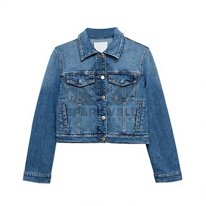 Women's Mid Blue <b>Cropped</b> <b>Denim</b> <b>Jacket</b> Button Closure Turn-Down Collar Long Sleeve Regular Fit Casual Jean <b>Jacket</b> - Product Image 1