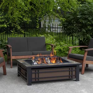 Stone Outdoor Fire Pit Table with Log Grate Spark Screen Cover and Poker 43.75 In Rustic Design for Patio Backyard - Product Image 5