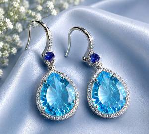 Boucles d'oreilles pendantes de luxe TASBIYA GEMS en argent sterling 925 plaqué rhodium, saphir topaze bleue naturelle avec diamant naturel taille unique - Product Image 2