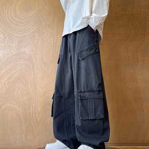 Pantalon cargo en toile délavée pour homme, taille élastique, plusieurs poches, coupe large, style workwear, respirant, poids moyen - Product Image 3