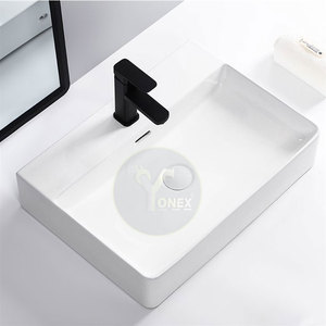 Lavabos de salle de bain en céramique de qualité supérieure, finition blanche brillante, design moderne carré, lavabos à poser - Product Image 3