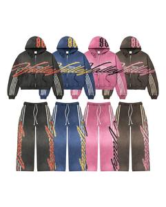 Multi Color Valley Rhinestone Cropped <b>Zip</b> Hoodie Pants Set | Oversized Streetwear Matching Set OEM Private Label Manufacturer - Product Image 1