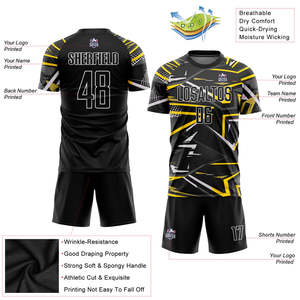 Tenue de football personnalisée noire et jaune à motif géométrique, avec nom et numéro d'équipe, maillot et short de football, kit complet pour hommes et jeunes - Product Image 3