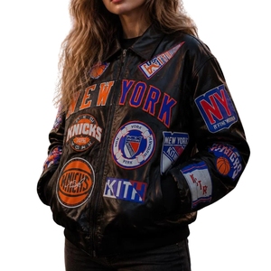 Hailey Bieber MSG Icon New York Knicks Leather Jacket | Celebrity Streetwear Varsity Biker Bomber High-Volume Glossy Black NYC - Product Image 3