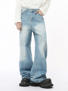 Nouveau jean rétro ample personnalisé pour homme, prêt-à-porter, en denim noir, coupe large, taille haute, délavé, avec logo frontal - Product Image 2