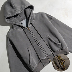 Sweat à capuche zippé en polaire pour femmes, streetwear rétro délavé à l'acide, mélange de coton et polyester, sweat à capuche pour hommes, 355GSM - Product Image 1