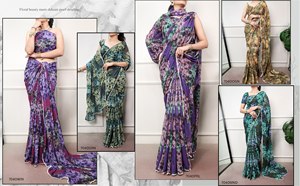 HENIXA CREATION Sofisty Saree en soie légère imprimé marbre avec bordure en dentelle perlée, séchage rapide, coupe ajustée, toutes saisons, formel - Product Image 2