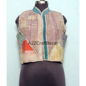 Handmade 100% Pure Cotton Kantha Women's <b>Quilted</b> Breathable Printed Non Woven Floral <b>Pattern</b> Spring/Autumn <b>Jacket</b> Logo Button - Product Image 1