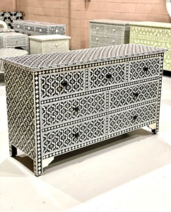 Classic Style Wooden <b>Chest</b> of Drawers with Black and White Geometric Inlay Pattern <b>Storage</b> Cabinet for Living Room - Product Image 1