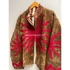 Veste en velours à col mandarin, manches longues, broderie rouge, motif géométrique, vêtements d'hiver pour femmes, manteau, style bohème chic - Product Image 2
