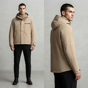 Chaqueta cortavientos beige con capucha para hombre, chaqueta exterior con cremallera completa, puños ajustables y bolsillos frontales - Product Image 4