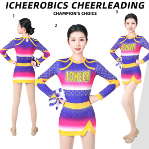 Uniforme de cheerleading pour adultes à manches longues en spandex/polyester, impression par sublimation, strass, dégradé violet rose jaune, haut - Product Image 4