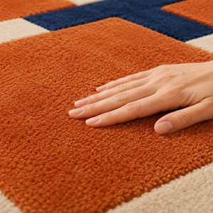 Tapis géométrique moderne orange et bleu, tissé à la main, abstrait, pour salon, tapis en laine, tapis décoratif contemporain pour chambre à coucher - Product Image 2
