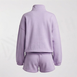 Conjunto de 2 piezas de pantalones cortos de lana para mujer, chaqueta con cremallera y cuello alto de color liso y pantalones cortos por encima de la rodilla, ropa deportiva informal de ajuste holgado - Product Image 2