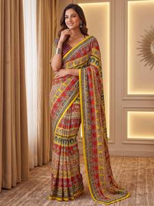 Sari Tradicional Indio de Seda con Estampado Digital y Parches Multicolores para Bodas y Eventos Festivos para Mujer - Product Image 1