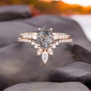 925 Sterling <b>Silver</b> Rose <b>Silver</b> Black Rutilated Quartz Engagement <b>Ring</b> <b>Set</b> Moissanite Diamond Vintage Bridal Women Wedding <b>Ring</b> - Product Image 4