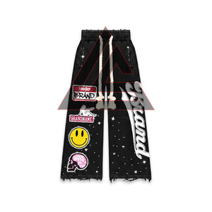 Streetwear Custom Printed Solid Winter Hooded & Sweatpants Set Rhinestone <b>Tracksuit</b> Distressed Jogger Pants Made Acid Wash - Product Image 4