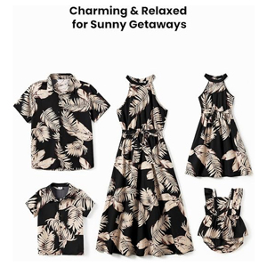 Ensemble de tenues assorties pour la famille à motif feuilles tropicales, style resort : Robe longue à col licou et chemises boutonnées à manches courtes pour enfants - Product Image 2