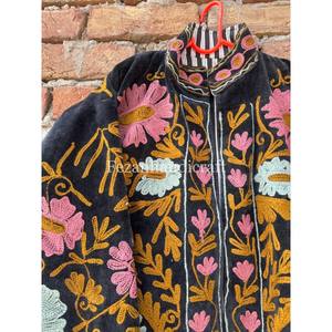 Indian Floral Embroidered Quilted Velvet Jacket with Two Side Pockets Unisex Quick Dry Hand <b>Stitch</b> Suzani Design - Product Image 2