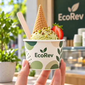 Gobelet à crème glacée EcoRev 90 mm à paroi simple, matériaux recyclés, écologique, biodégradable, papier de qualité alimentaire, logo en feuille, motifs verts - Product Image 4