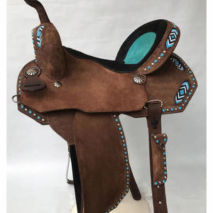 Silla de montar western azul hecha a mano de gran venta, diseño con parches de cuentas, cuero natural marrón oscuro, asiento acolchado, fabricantes - Product Image 1