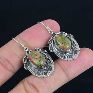 Pendientes de piedras preciosas Vintage de Plata de Ley 925, joyería Unakite, Pendientes colgantes en forma de corazón, regalo elegante hecho a mano para ella - Product Image 4