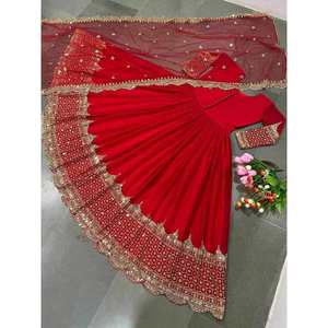 VESTIDO DE FIESTA GEORGETTE BORDADO SECUENCIA TRABAJO CON DUPATTA ROJO - Product Image 1