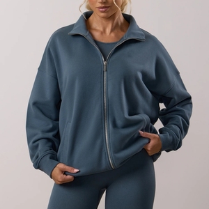 <b>Women's</b> Solid Color Zip-Up Fleece <b>Sweatshirt</b> Full Sleeve Stand Collar Autumn Wear Breathable Knitted Cotton Spandex - Product Image 1