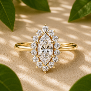 Anillos de Compromiso Marquise Halo Sunburst, Oro Amarillo de 14K, Diamante Cultivado en Laboratorio Certificado por IGI de 1.00ct, Regalo de Aniversario, Joyería Personalizada - Product Image 1