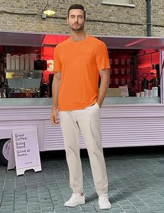 Men's <b>Orange</b> Short Sleeve O-Neck <b>T</b>-<b>Shirt</b> Regular Fit Cotton Jersey Solid Color Casual Style Pocket Front - Product Image 5