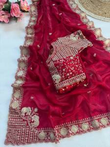 Indian Traditional Ethnic Satin Silk Saree with Embroidery <b>Sequins</b> Work for Wedding Occasion and Festive Function for Women Wear - Product Image 2