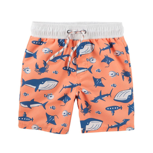 Trajes de Baño Estampados con Dibujos Animados de Criaturas Marinas para Hombre, Secado Rápido, Diseño con Patrones en Naranja y Azul, Proveedor de Shorts de Baño al por Mayor - Product Image 1