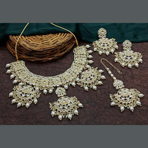 Conjunto de collar de perlas y cuentas de piedra Kundan chapado en oro 10581250WH conjunto de joyería fina exquisita - Product Image 1