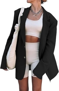 Blazer long noir pour femme, manches longues, col cranté, couleur unie, fermeture boutonnée, streetwear, vêtements d'extérieur décontractés - Product Image 3